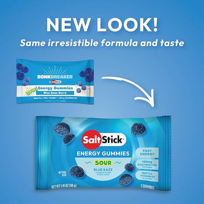 SaltStick Energy Gummies with Electrolytes, Sour Blue Razz, Easy to Chew Electrolyte Gummy, Energy Chews that Taste Great. 10 Packs, 80 Gummies