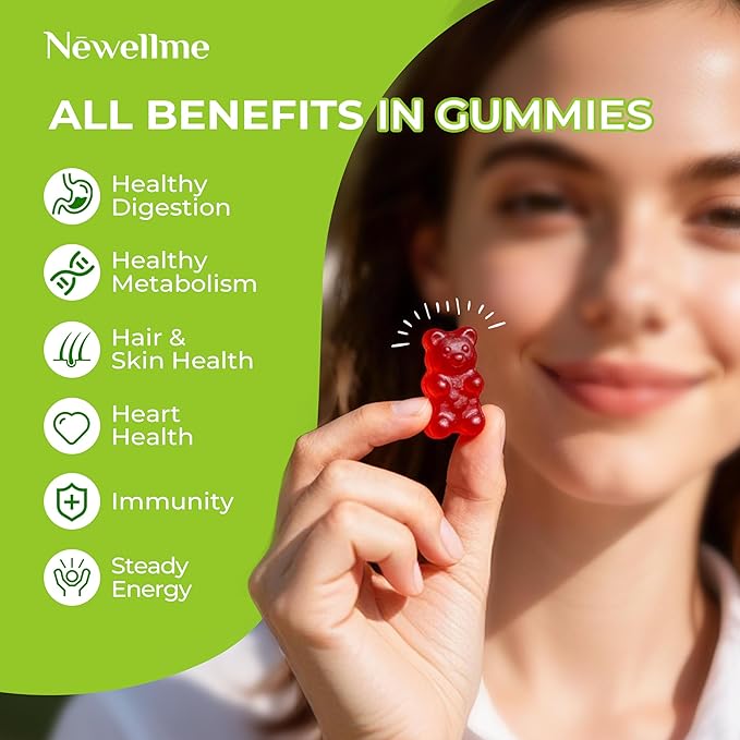 NEWELLME ACV Gummies with the Mother & B12 – Sugar-Free, Great-Tasting Vegan Gummies for Digestion, Metabolism & Daily Energy Support, 120 Count