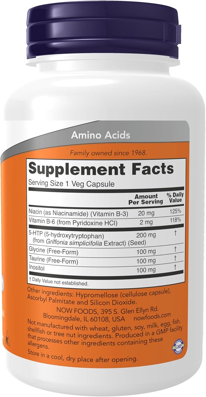 NOW Supplements, 5-HTP (5-hydroxytryptophan) 200 mg, Double Strength, Neurotransmitter Support*, 120 Veg Capsules