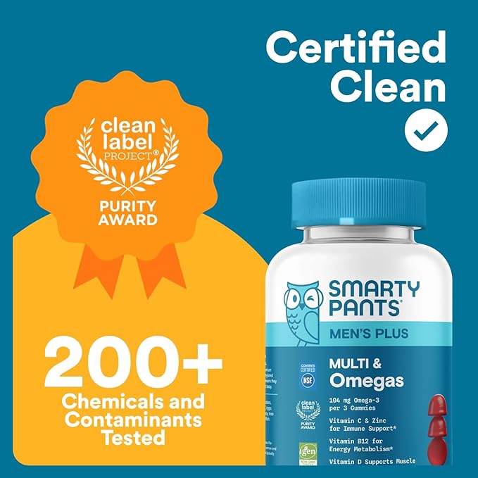 SmartyPants Men's Multivitamin Gummies with Omega 3 DHA/EPA, Methylfolate, Vitamin D3, C, B12, B6, A, K, Zinc, Raspberry Lemonade Flavor, 90 Count (30 Day Supply)