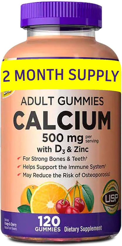 KS Calcium 500 mg with Vitamin D3 1000 IU & Zinc – 120 Gummies (2-Month Supply) – Bone, Teeth & Immune Support for Adults – Natural Orange & Cherry Flavors – USP Verified