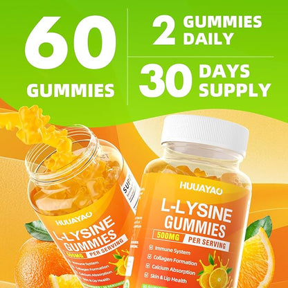 L-Lysine Gummies 500mg, Lysine Gummies Supplement for Immune Support & Skin Health, Collagen Formation Support, Vegan, Gluten Free Chewable Supplement for Adults & Kids, Orange Flavor, 60 Count