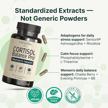 VINATURA Cortisol Supplements for Women - Cortisol Detox and Management - Adrenal Support, Stress Support, 60 Vegan Capsules