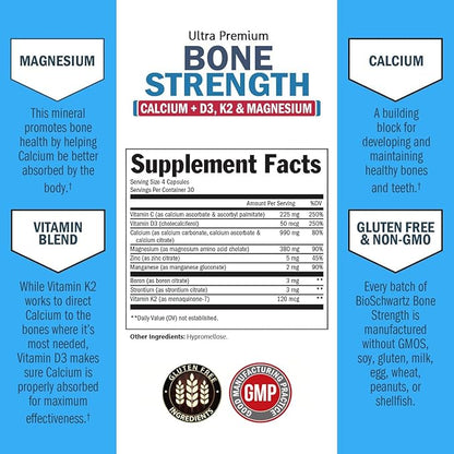 BioSchwartz Bone Strength Supplement - Gentle Non-Constipating Bone Health Supplement for Women & Men with 9-in-1 Complex with Calcium Magnesium Zinc D3 K2 & More - 3rd Party Tested - 1 Month
