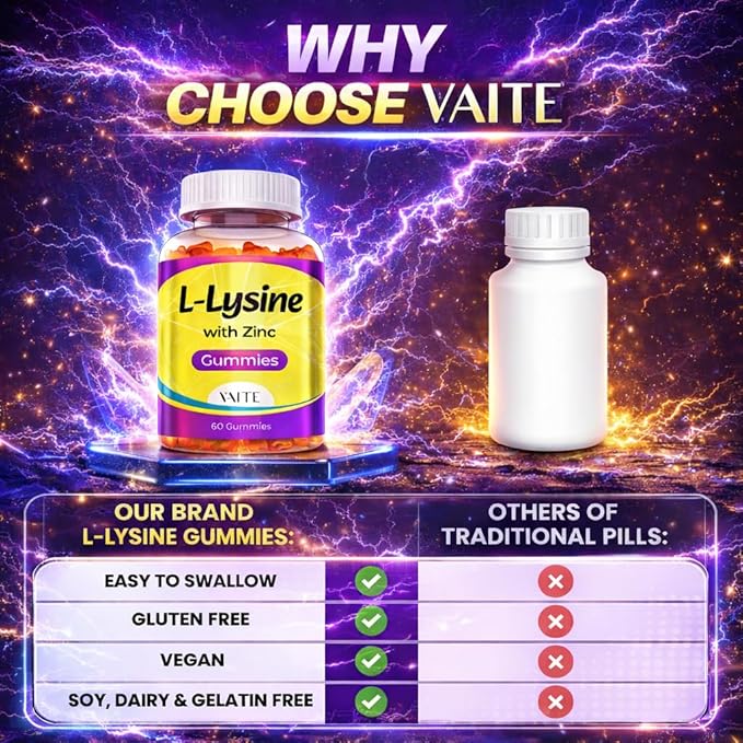 L Lysine Gummies 1000mg with Zinc - Supports Skin, Lip, Vegan, Gluten Free, 60 Chewable L-Lysine for Adults, Vitamins Tissue Health & Immune System, Amino Acid & Complex Supplements, Non-GMO(2Pack)