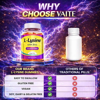 L Lysine Gummies 1000mg with Zinc - Supports Skin, Lip, Vegan, Gluten Free, 60 Chewable L-Lysine for Adults, Vitamins Tissue Health & Immune System, Amino Acid & Complex Supplements, Non-GMO(2Pack)