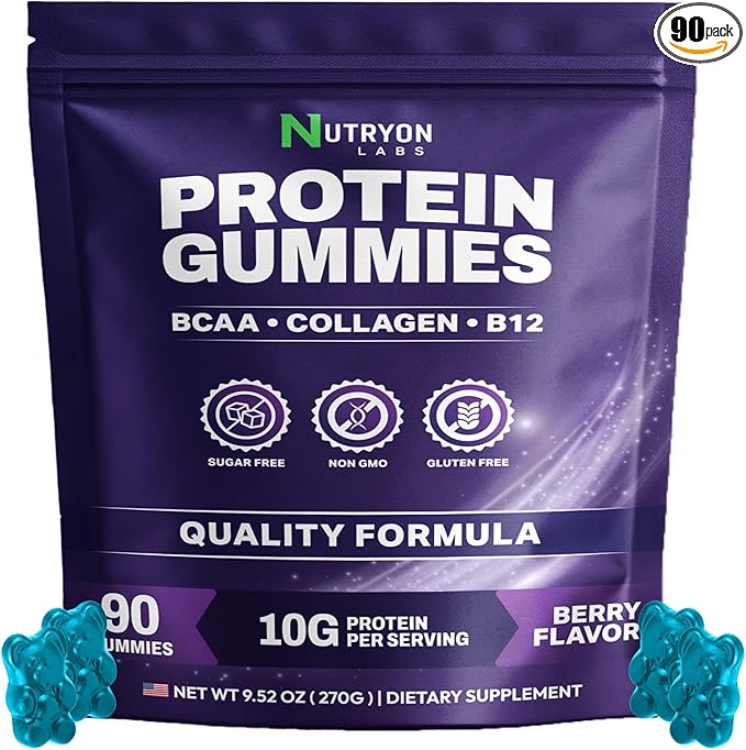 Whey Protein Gummies Zero Carb | 250g Total Protein per Bag |10g per Serving Plant Based 4 in1 Collagen & Vitamin B12 for Men & Women | 0 Sugar Gluten Free Non-GMO Mixed Berry Flavor