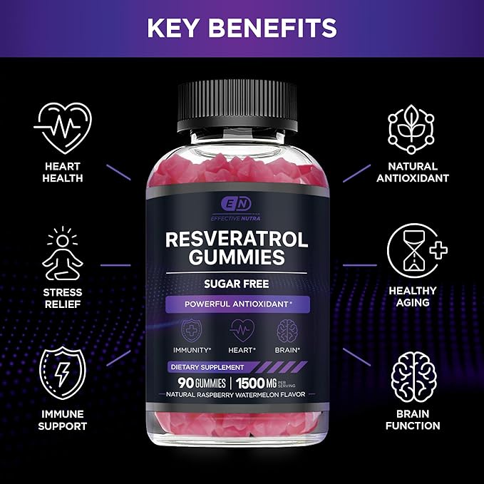 Effective Nutra Resveratrol Gummies 1500mg – Sugar Free Antioxidant Supplement for Heart Health, Immunity & Brain Support – Vegan, Non-GMO, 3rd Party Tested, Raspberry Watermelon, 90 Count