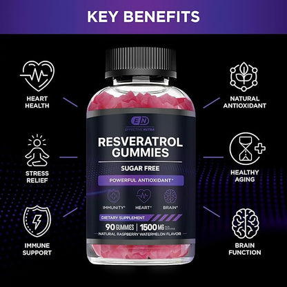 Effective Nutra Resveratrol Gummies 1500mg – Sugar Free Antioxidant Supplement for Heart Health, Immunity & Brain Support – Vegan, Non-GMO, 3rd Party Tested, Raspberry Watermelon, 90 Count