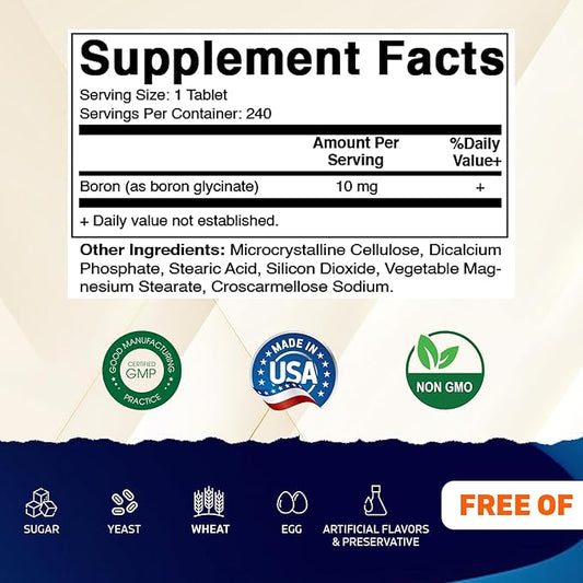 Vitamatic Chelated Boron (as Glycinate) 10mg 240 Tablets - Supports Hormone Balance, Bone Health & Connective Tissue- 2 Pack