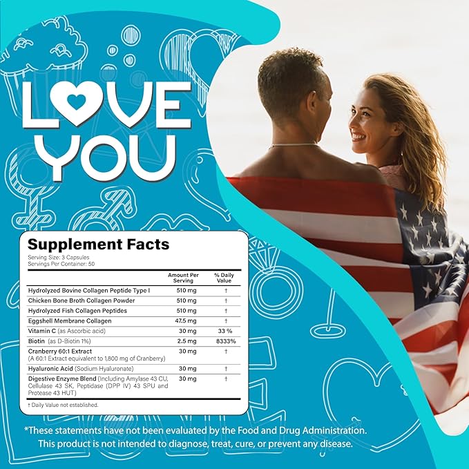 Love You Collagen Complex – Types I, II, III, V & X – Hair, Skin, Nails, Joints & Gut Support – Hydrolyzed Bovine Collagen Peptides – Grass-Fed, Non-GMO, 120 Capsules, USA Made