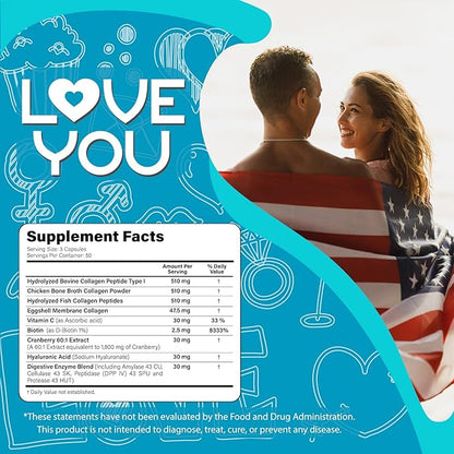 Love You Collagen Complex – Types I, II, III, V & X – Hair, Skin, Nails, Joints & Gut Support – Hydrolyzed Bovine Collagen Peptides – Grass-Fed, Non-GMO, 120 Capsules, USA Made