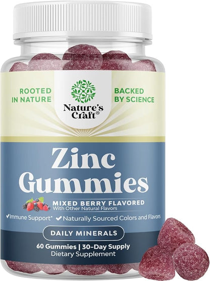 Extra Strength Zinc Gummies for Adults - Chewable Zinc Supplements for Women & Men for Energy & Immune Support - Vitamins & Mineral Supplements - 60 Count