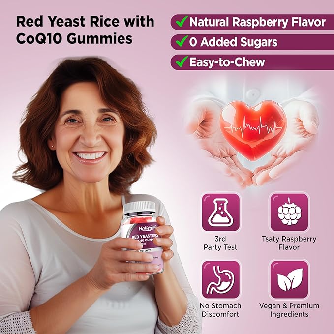 Hollgend Red Yeast Rice with Coq10 Gummies Sugar Free, Organic Red Yeast Rice 2400mg for Cholesterol Lowering Supplements, Enhanced with Coenzyme Q10 200mg for Heart Health Support, 60 Chewables
