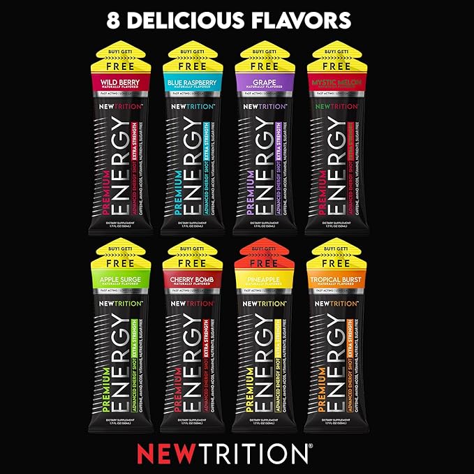 NewTrition® Extra Strength Energy Shots, 1.7 fl oz - 250mg Caffeine with Vitamin B & Amino Acids, Sugar-Free, Zero Calorie Vitamin Energy Drink for Focus & Endurance (Pack of 6, Grape)