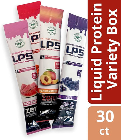 Nutritional Designs LPS Liquid Collagen & Whey Protein Supplement - Non-GMO Drink, Sugar-Free - Promotes Healthy Skin & Hair for Men & Women, Variety Box, Single Serve (60 Packets)