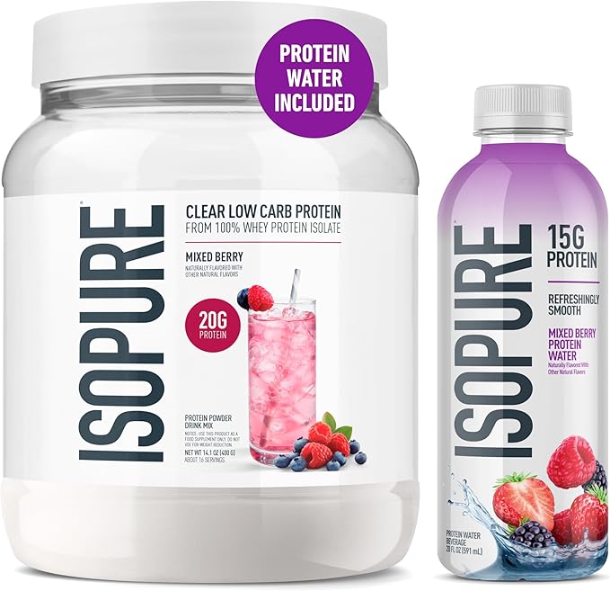 Isopure Clear Whey Isolate Mixed Berry Protein Powder 16 Servings + 1 Bottle of Clear Protein Water with Electrolytes, 15g Whey Protein Isolate, Zero Sugar, Mixed Berry, 20 fl oz Bottle