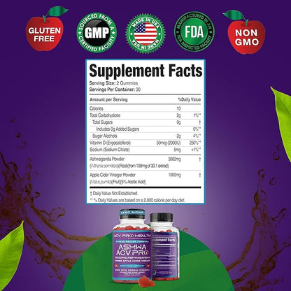 Ashwa ACV Pro Health - Sugar Free Apple Cider Vinegar Gummies with Ashwagandha, Advanced Keto, Stress Relief Supplements with Vitamin D, 1g Carbs Per Gummy (60 Count)