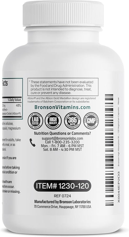 Bronson Magnesium Glycinate 200 MG per Serving Chelated for High Absorption, Gentle On Stomach, Non-GMO, 120 Vegetarian Capsules