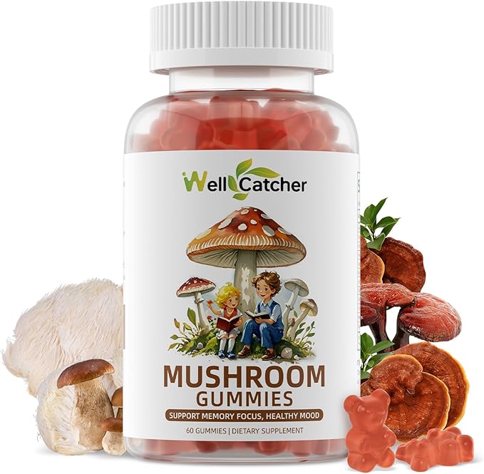 Mushroom Gummies Supplement with Ashwagandha - Lion Mane Mushroom Supplement for Adults Kids with Reishi Cordyceps Brain Supplements for Memory and Focus Organic Vegan Non GMO Mixed Fruit Flavor 60CT