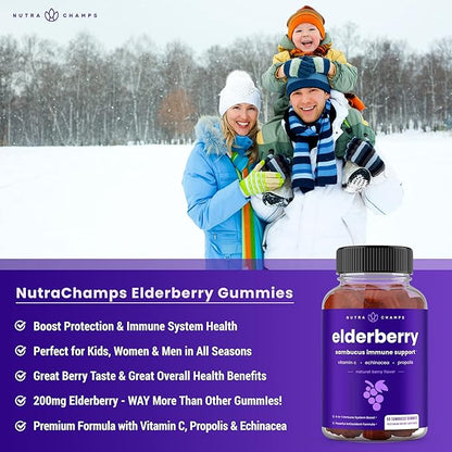 NutraChamps Elderberry Gummies with Vitamin C, Propolis & Echinacea - Immune System Support Gummy Vitamins for Adults & Kids - Max Strength 200mg Sambucus Antioxidant