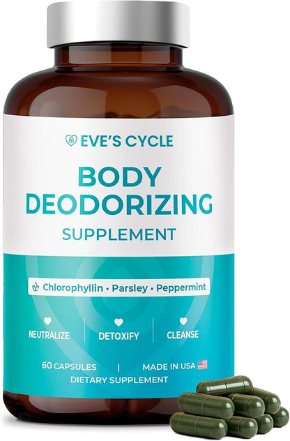 Body Deodorizing Supplement – Natural Internal Deodorant Chlorophyll Capsules with Parsley & Peppermint – 60 Vegan 500mg+ Pills – Bad Breath Treatment for Adults & Cleanse Support, Made in USA