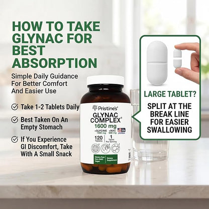 PRISTINE'S Supplement GlyNAC Complex Large Size Tablet 1600MG Glutathione Production - 3rd Party Tested Anti Aging, Sleep & Cognitive Support - Glycine & NAC Gluten Free Non GMO USA Made Glass Bottle