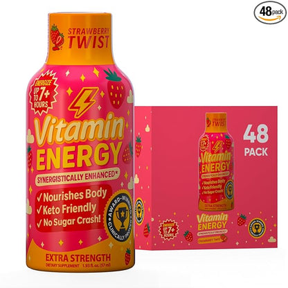 Vitamin Energy Immune+ Extra Strength Energy Shot Strawberry Twist 48 Pack, 260mg Natural Caffeine, B-Vitamins, Citicoline, Green Tea, Immunity & Focus Support, Zero Sugar, Gluten-Free 1.93 fl oz