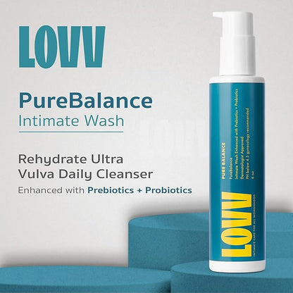 LOVV PureBalance Vulva Daily Cleanser | 6 Fl Oz | pH Balanced Feminine Body Wash Women with Hyaluronic Acid Probiotics & Prebiotics Gentle Intimate Wash for Women Supports Healthy Flora Fragrance Free