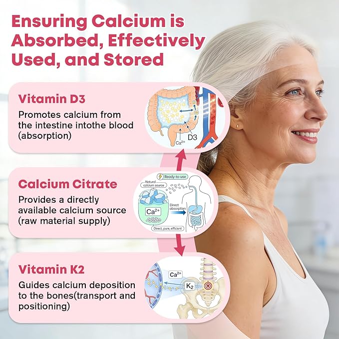 Calcium Citrate with Vitamin D3 Gummies for Women 50 Plus - Bones, Teeth, Immune Support, 1200mg Calcium Citrate Gummies with Vitamin D3 K2, Vegan, Sugar-Free, 60 Count