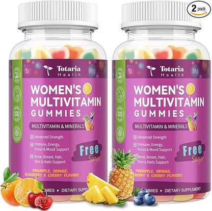 Totaria 2PCS Sugar Free Womens Multivitamin Gummies with Iron, Women's Multivitamin w/Vitamins C, D3 K2, B12, Filled Gummies for Daily Nutritional Support| Immune Support| Skin Health, Mixed Flavors