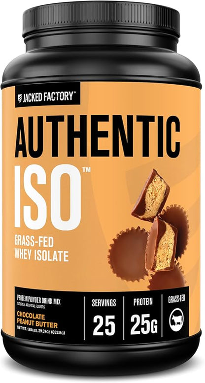 Jacked Factory Authentic ISO Grass Fed Whey Protein Isolate Powder - Low Carb, Non-GMO Muscle Building Protein w/No Fillers, Post Workout Recovery, Chocolate Peanut Butter - 25 Servings