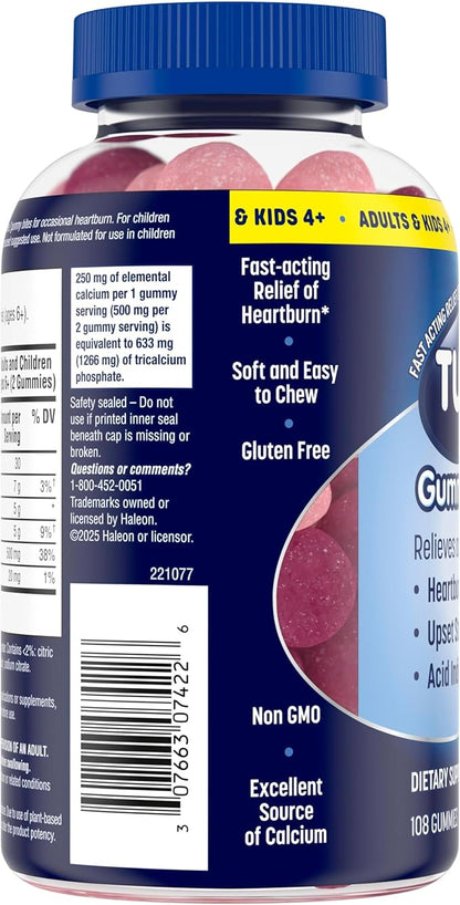 TUMS Gummy Bites Dietary Supplement for Occasional Heartburn Relief, Upset Stomach and Acid Indigestion, Cherry Berry Burst - 108 Count
