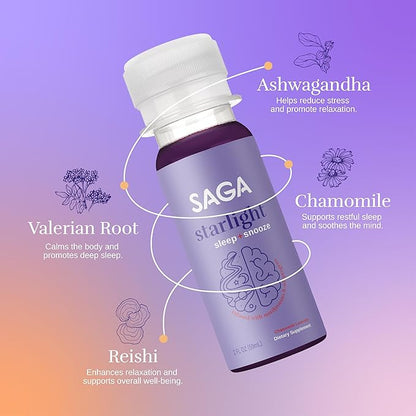 SAGA Starlight Organic Sleep Shots – Natural Sleep Aid with Melatonin, Reishi, Valerian Root, Ashwagandha, Chamomile – Sugar-Free, Vegan, Zero Calories, Plant-Based Sleep Support, Travel Size (2 Oz)