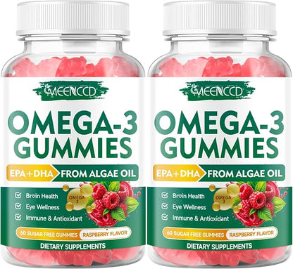 2 Pack Omega-3 Gummies 1000mg, Omega 3 Fish Oil Alternative for Adults, Algae-Based DHA 600mg & EPA 300mg + Vitamins A, C, E, Zinc, Supports Overall Wellness, Raspberry Flavor, 120 Count