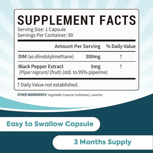 DIM Supplement 300mg for Women and Men, with Black Pepper Extract, 90 Capsules