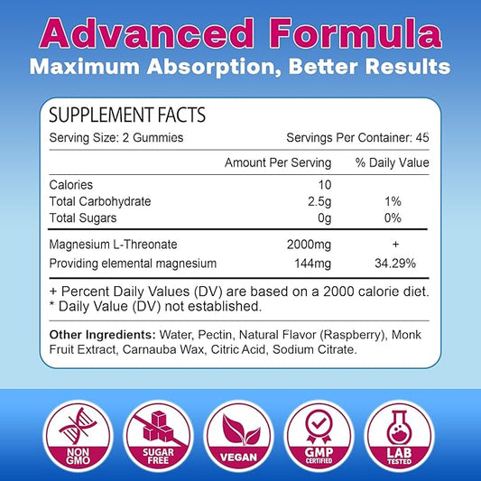 90 Count | Magnesium L-Threonate Gummies 2000mg, Magnesium Threonate Supplement for Adults & Kids, Support Cognition, Restful Sleep & Muscle Health, Sugar Free, Vegan, Non-GMO, Raspberry Flavor