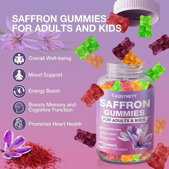 Saffron Gummies for Kids & Adults 88.5mg Saffron Extract, Cαlm, Focus & Mood Support, Saffron Supplement with L-Theanine, St.John's Wort, Lemon Balm, Magnesium, Gentle Nerve & Rest Support (Pack of 2)