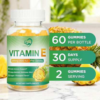 Laicuherb Vitamin E Gummies for Skin & Immune, Pineapple Flavor 268mg Per Serving Vitamin E 400 IU Gummies for Adults, 60 Count Sugar-Free Gluten-Free Vegan Gummy for Daily Wellness