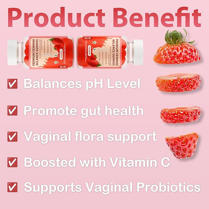 Vaginal Probiotic Feminine Gummies for Women – pH Balance Support & Vitamin C, Strawberry Flavor, Vegan, Sugar-Free, Non-GMO, 60 Gummies (30 Servings)