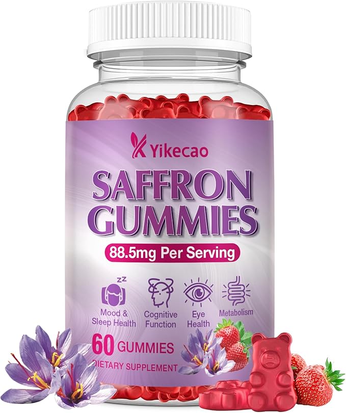 Saffron Supplements Gummies, 88.5mg Extract with Vitamin D3, B6, Magnesium, Ashwagandha, L-Theanine, Sugar-Free, Strawberry Flavor, 60 Count