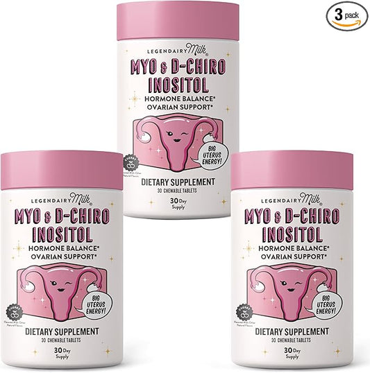 Legendairy Milk Myo Inositol and D Chiro Inositol Supplement for Women, 40:1 Ratio, PCOS Fertility Support, Hormone Balance, Sugar Free Vegan Chewable Tablets, Cherry Flavor, 90 Day Supply, Pack of 3