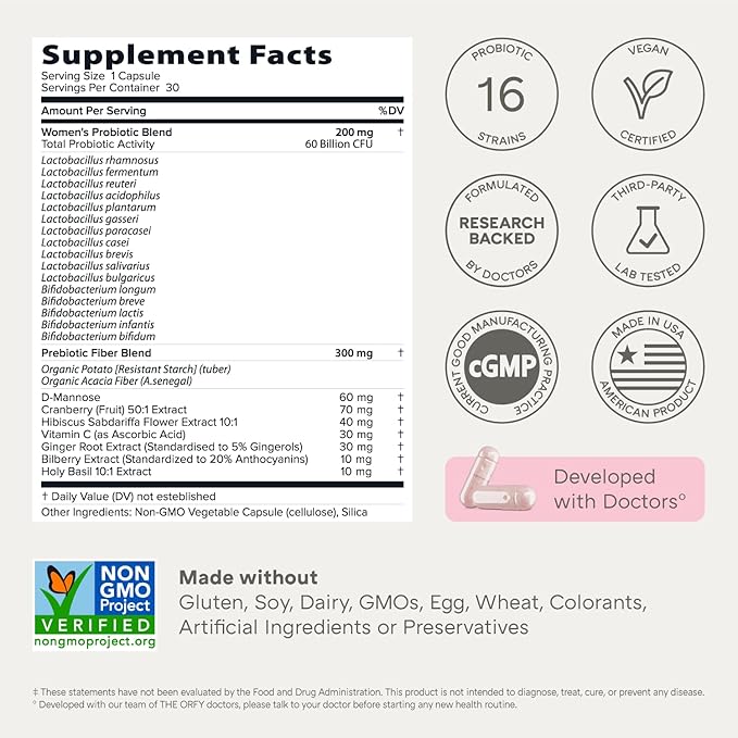 Complete Probiotics for Women - Vaginal, UT, Digestive & Immune Health - 60 Billion CFU, 16 Probiotic Strains, Prebiotics and Probiotics with Holy Basil - Once Daily, 30 Count