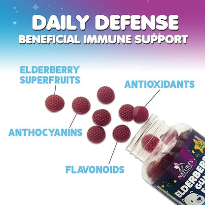 Kids Immune Support Elderberry Gummies - Daily Children's Vitamins C, Zinc & Kids Support Gummy - Nature's Sambucus Elderberry Supplement, Vegan, Gluten-Free, Tasty Berry Flavor - 120 Gummies
