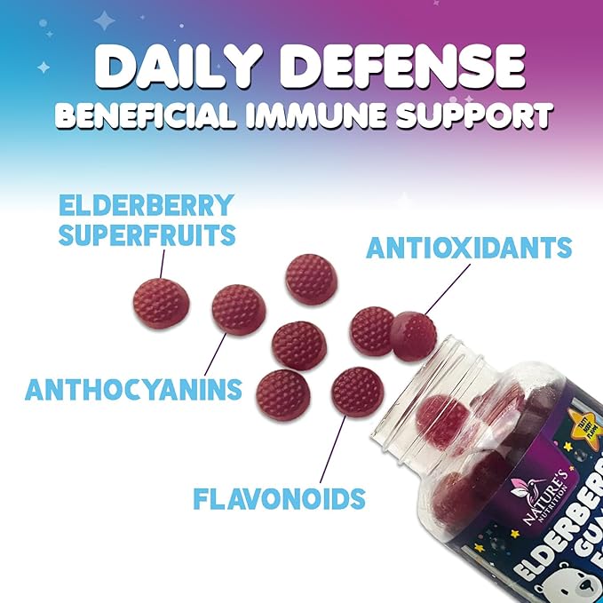 Kids Immune Support Elderberry Gummies - Daily Children's Vitamins C, Zinc & Kids Support Gummy - Nature's Sambucus Elderberry Supplement, Vegan, Gluten-Free, Tasty Berry Flavor - 60 Gummies