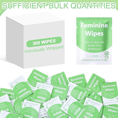 300 Pieces Feminine Wipes Individually Wrapped Women Travel Size Bulk Unscented Intimate Wipes Mild Private Parts Ph Balanced for Travel Bathroom Toilet Daily(Green)