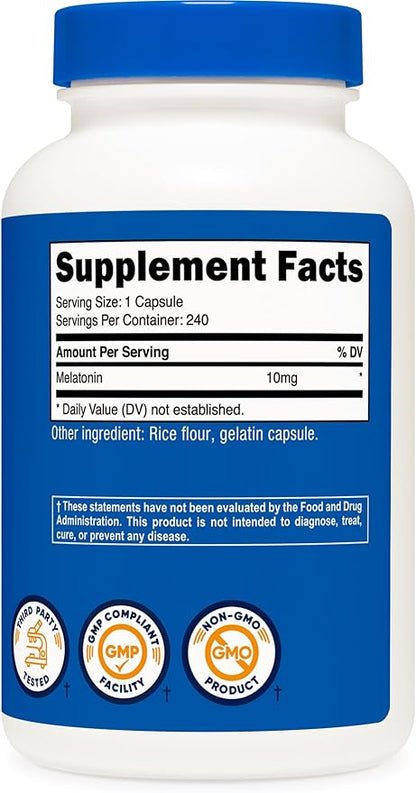 Nutricost Melatonin 10mg, 240 Capsules, Non-GMO & Gluten Free