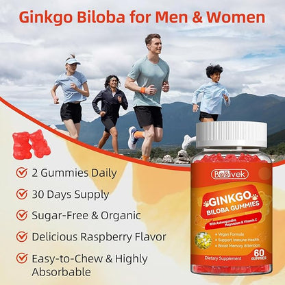 2 Pack Ginkgo Biloba Gummies with Ashwagandha, Vitamin C & Magnesium - Vegan, Non-GMO, Gluten-Free - Raspberry Flavor, 120 Count