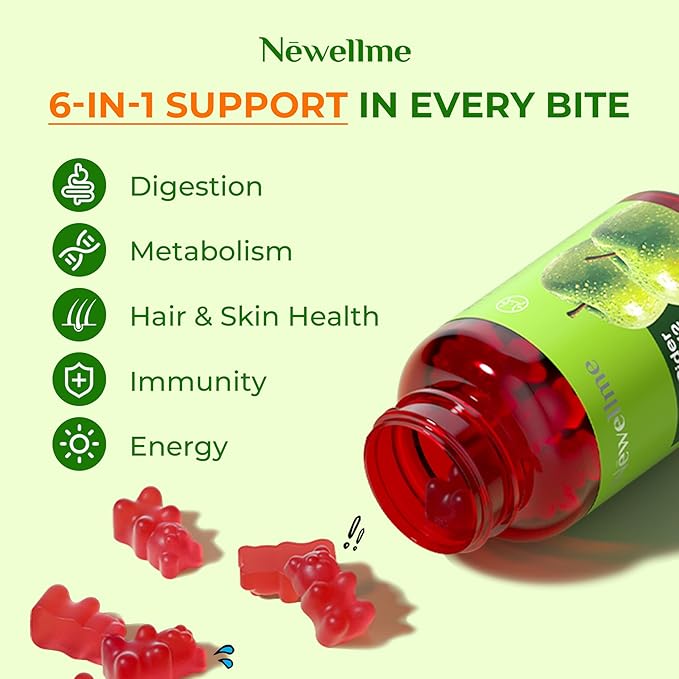 NEWELLME ACV Gummies with the Mother & B12 – Sugar-Free, Great-Tasting Vegan Gummies for Digestion, Metabolism & Daily Energy Support, 180 Count