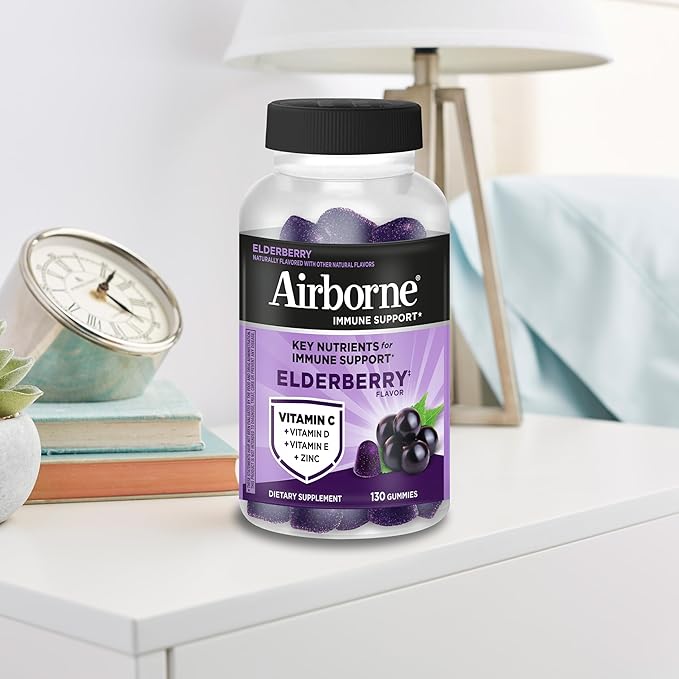 Airborne Elderberry + Zinc & Vitamin C Gummies for Adults, Immune Support with Antioxidants Vitamins C, D & E, 130 Count, Elderberry Flavor